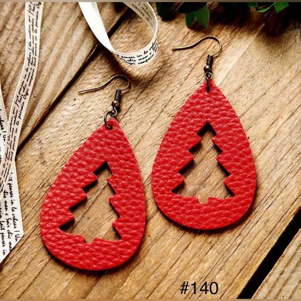 Red Vegan Leather Christmas Tree Cutout Earrings - Holiday Festive Dangles!